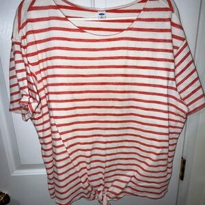 Old Navy Coral and White Striped Tie-Hem Short Sleeve Top